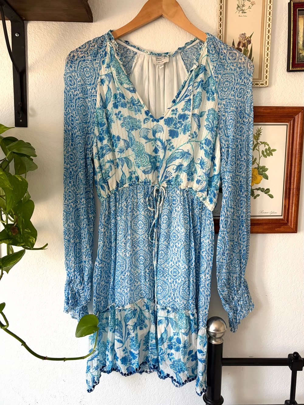 Hemant and Nandita Kaiyo Blue White Floral Tiered Long-Sleeve Dress Boho - Large